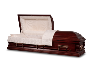 Dark wood burial or cremation casket with velvet interior.