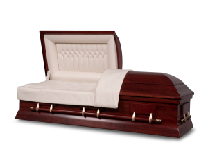 Cherry wood casket with tailored velvet interior.