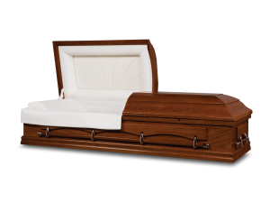 An Oak wood casket with a tailored rosetan crepe interior.