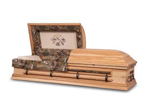 The Rustic Hickory wood casket with a natural satin finish and camo interior for hunting and fishing enthusiasts